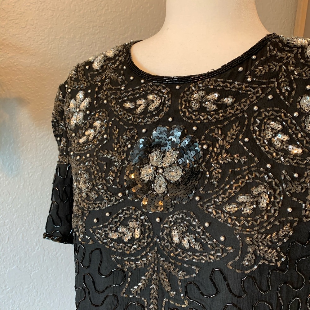 Beaded Top 100% Silk Black Made in India L - Picture 2 of 8